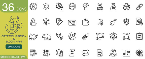 Modern cryptocurrency and blockchain icon set features editable line stroke. Vector collection holds digital finance, money, currency, wallet, mining, security symbols for professional business