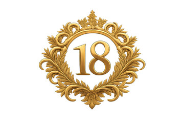 Golden number 18 celebrating anniversary with baroque frame