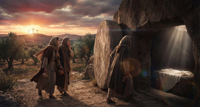 Three women discover empty tomb with crosses on hill during sunrise, representing Easter and Christ Resurrection.