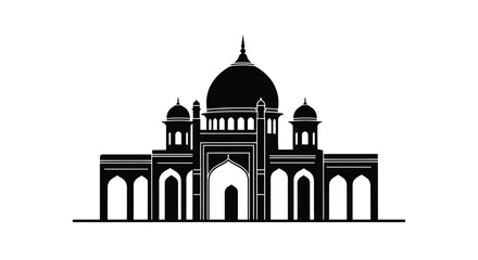 Black and white silhouette of a grand mosque with multiple domes