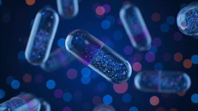 Medical capsules with glowing blue particles floating in a dark environment with bokeh lights