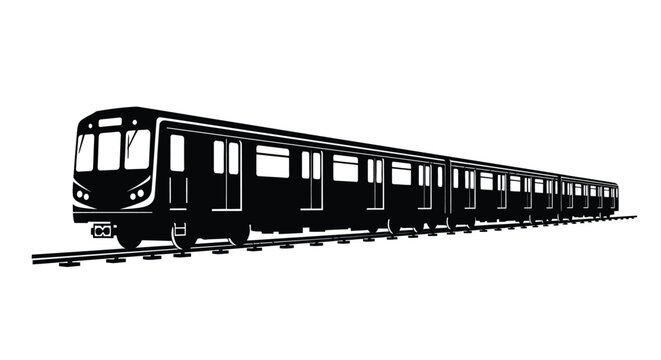 A black and white illustration of a long subway train on tracks