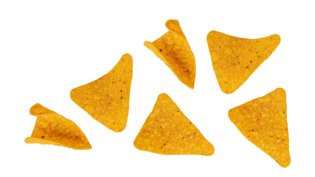 Cheese-flavored triangular crispy snack in hand, against a transparent background.