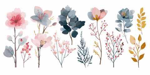 A vibrant collection of delicate watercolor wildflowers and botanical elements, showcasing a variety of colors and textures, isolated on a transparent background. © DARK TRUST