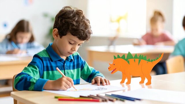 Young boy drawing a dinosaur with crayons in classroom with other students