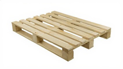 Wooden shipping pallet made of natural unfinished timber, industrial transport platform isolated on white background, warehouse and logistics equipment concept