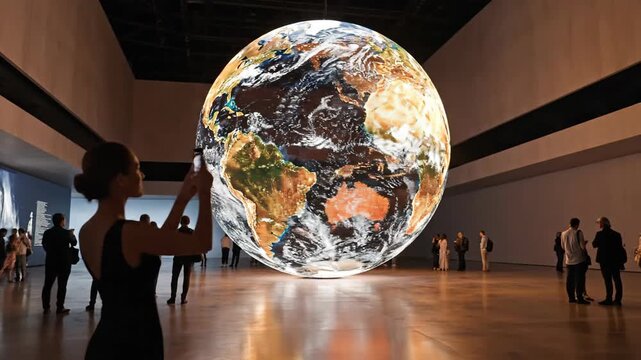 People viewing a large globe exhibit in an open museum gallery with reflective floors and ample lighting