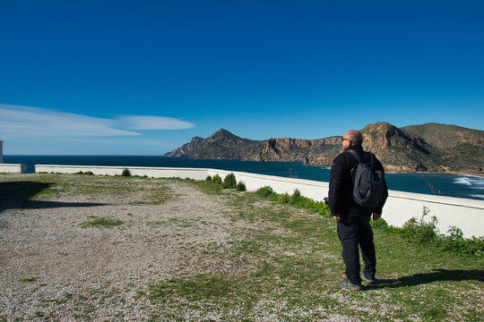 man gazing at the horizon with the sea