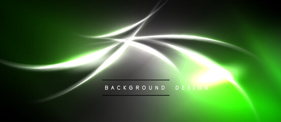 Naklejka premium Abstract green energy flow. Bright lines create dynamic visual effect. Dark background emphasizes glowing curves, modern design element.