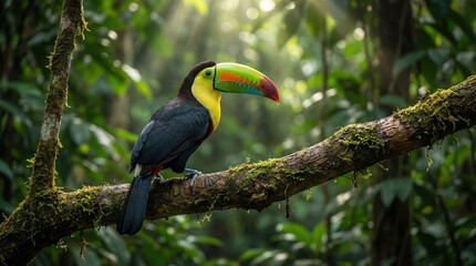 Toucan perched on mossy branch in vibrant rainforest with lush green foliage in soft natural lighting for wildlife conservation