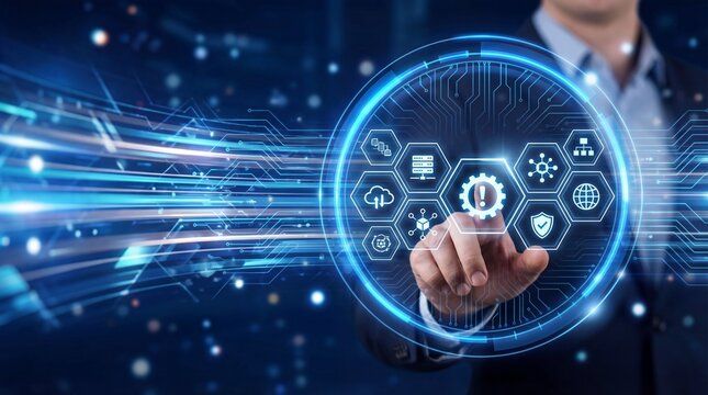 Digital business technology interface with automation, data analytics, cloud computing, and cybersecurity icons. Concept of digital transformation, enterprise IT management, 