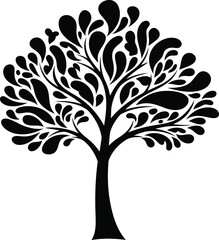 Obraz premium A stylized black silhouette of a tree with a slender trunk and sprawling leafy branches on a white background