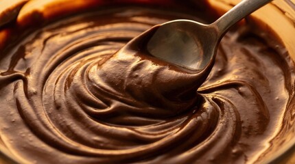 Spoon stirring rich creamy melted dark chocolate ganache creates decadent swirls