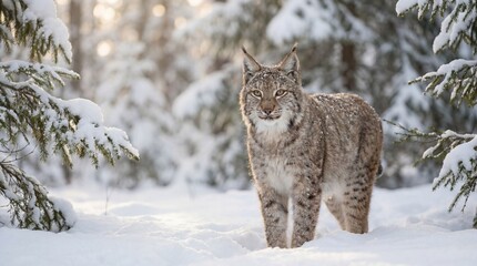Bobcat in serene winter forest with soft natural lighting on snowy ground for wildlife photography