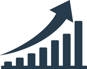 Flat vector illustration of business growth bar chart, upward arrow, financial success, progress analytics, positive trend concept for data visualization