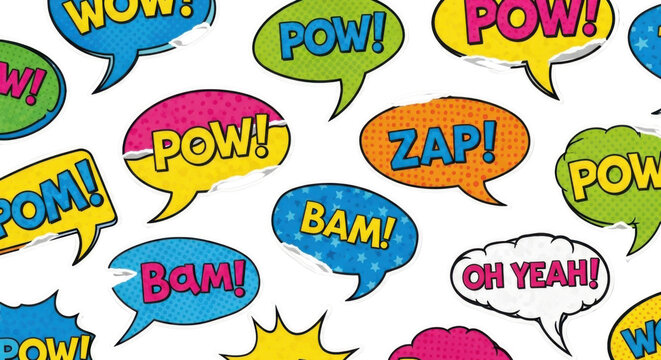 Comic book speech bubbles with pop art text like POW, ZAP, BAM, WOW, OH YEAH! on white for social media, website, branding isolated PNG with Transparent Background