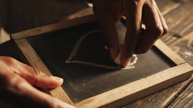 Person draws a heart with chalk on framed chalkboard resting on rustic wooden planks in a dimly lit setting