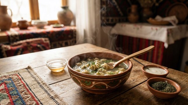 A traditional bowl of dushbara sits on a rustic wooden table in a cozy kitchen with a vibrant rug and clay pots in the background.
