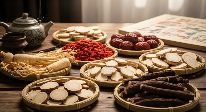 Assortment of Traditional Chinese Medicine Ingredients in Woven Baskets.
