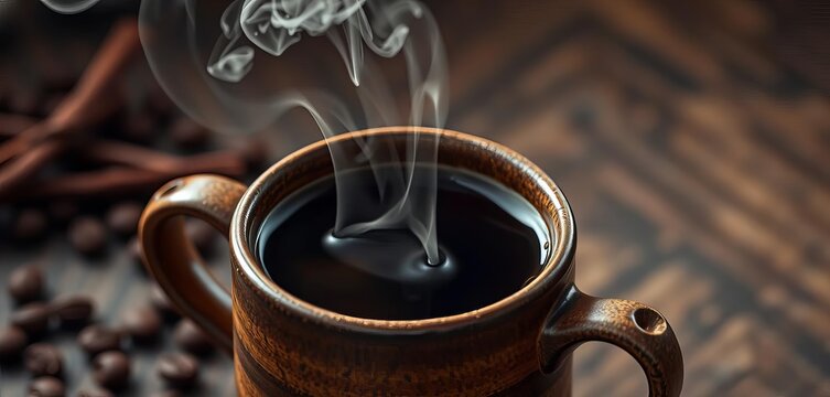 Dark roasted coffee in a rustic ceramic mug, steam rising, espresso, caffeine