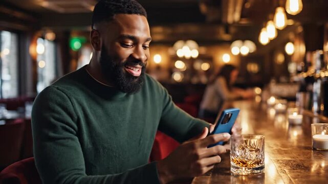 Person drinks while checking a phone at a dimly lit bar with soft lighting