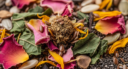 Closeup of Dried Flowers Seeds and Leaves for Herbal Tea.