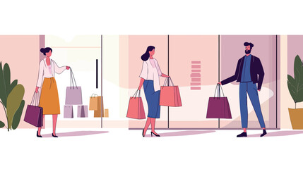 Three diverse shoppers carrying multiple shopping bags outside retail store windows during daytime sale event in urban setting flat vector illustration