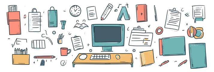 Hand drawn office workspace illustration with computer monitor keyboard mouse stationery books documents clock and pens in sketch style vector drawing