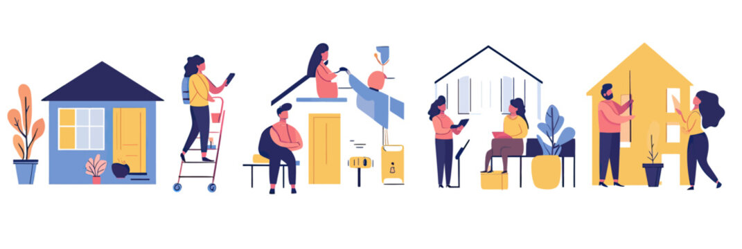 Diverse people interacting with houses and apartments in minimalist real estate search and property selection concept vector illustration