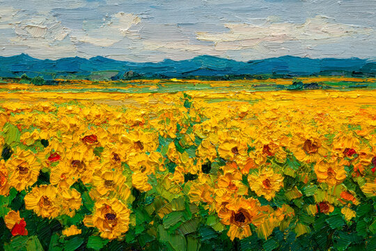 Vibrant sunflowers in a textured, impasto style painting.