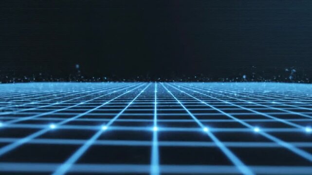 Glowing blue grid pattern on a dark background with neon lines and dots, creating a futuristic digital landscape with a predominantly blue color scheme and grid-like composition.
