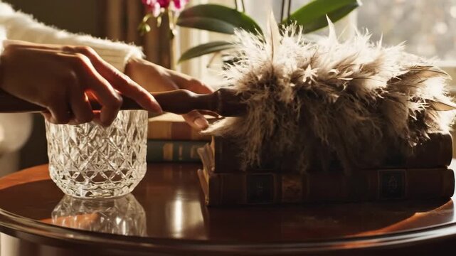 Person dusting a crystal glass on a wooden table next to old books and a potted orchid near a bright window