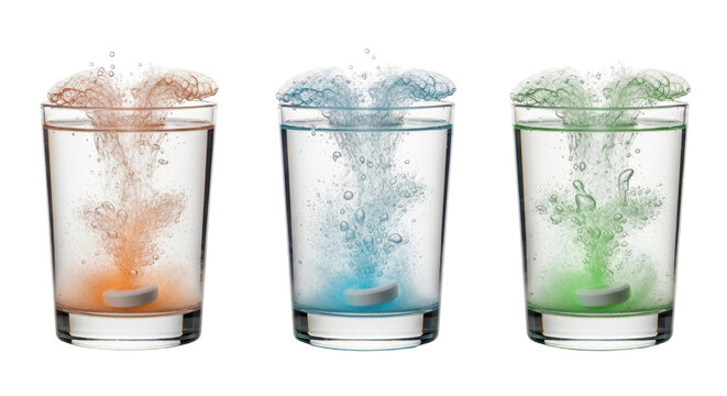 Three effervescent tablets dissolving in clear glasses of water, creating orange, blue, and green fizz and bubbles, isolated PNG with Transparent Background