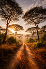Savanna woodland transition zone with tall acacia canopy and warm sunrise in dry season