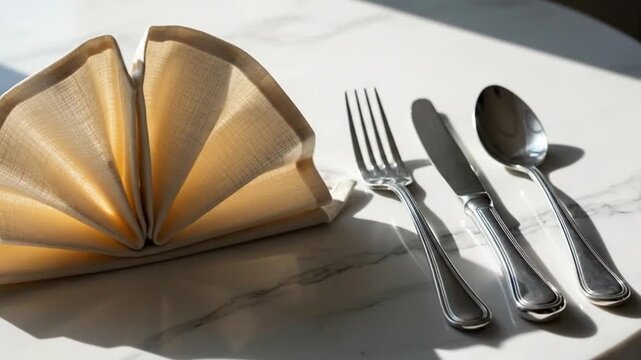 Elegant table setting with folded napkin, silverware and shadows on a marble surface