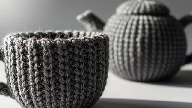 Close-up of intricately crocheted teacup and teapot set casting soft shadows