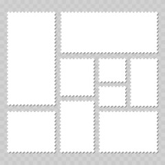 Realistic Blank Postage Stamp Set. Vector White Mail Frames with Perforated Edges and Shadows.