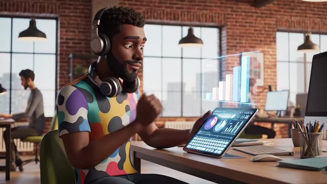 Person in a colorful shirt analyzes charts on a tablet in an open office with brick wall and computer monitors