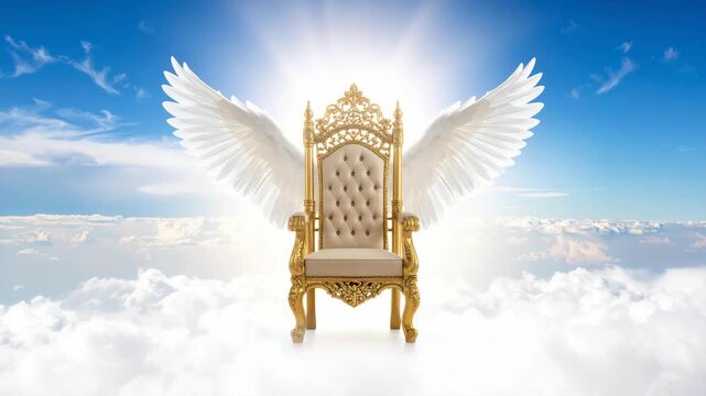 Ornate golden throne with white angel wings against a bright blue sky with clouds
