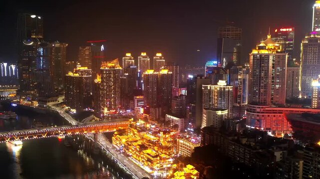 Chongqing Night Cityscape with Illuminated Hongyadong Ancient Complex