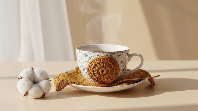 Serene morning scene with a steaming cup of tea or coffee accompanied by cotton balls and a biscotti on a sunny beige surface