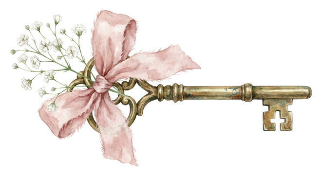Watercolor illustration, ornate antique brass skeleton key tied with a frayed blush pink silk ribbon and a small sprig of baby's breath, romantic vintage aesthetic, isolated on white background