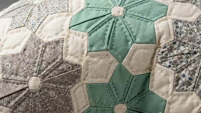 Close-up of intricate patchwork quilt featuring hexagon and floral patterned fabric pieces with detailed stitching