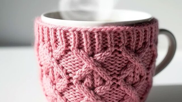 Close-up series of steaming hot coffee in a pink knitted cozy mug captured over a sequence of frames emphasizing texture and