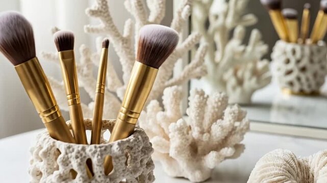 Elegant collection of coral-inspired habitat decor featuring a ceramic container with makeup brushes and textured oceanic sea