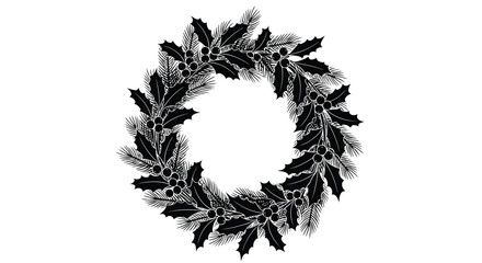 A circular wreath composed of holly leaves and red berries on white