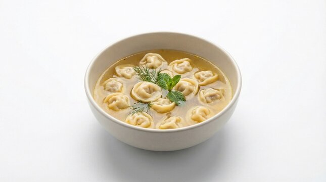 A bowl of dushbara garnished with fresh herbs on a white background
