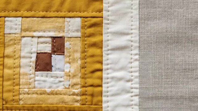 Detailed view of a quilt with geometric patchwork patterns in warm tones showcasing craftsmanship and intricate stitching