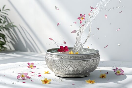 Traditional Thai silver water bowl being filled with splashing water and floating colorful flower petals symbolizing the festive spirit of Songkran celebration