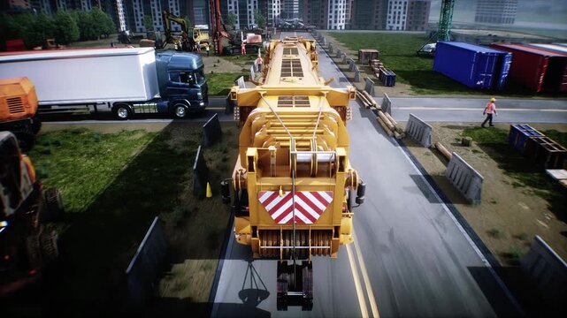Mobile construction crane. Construction of a large industrial building or factory, building exterior. 4k animation.